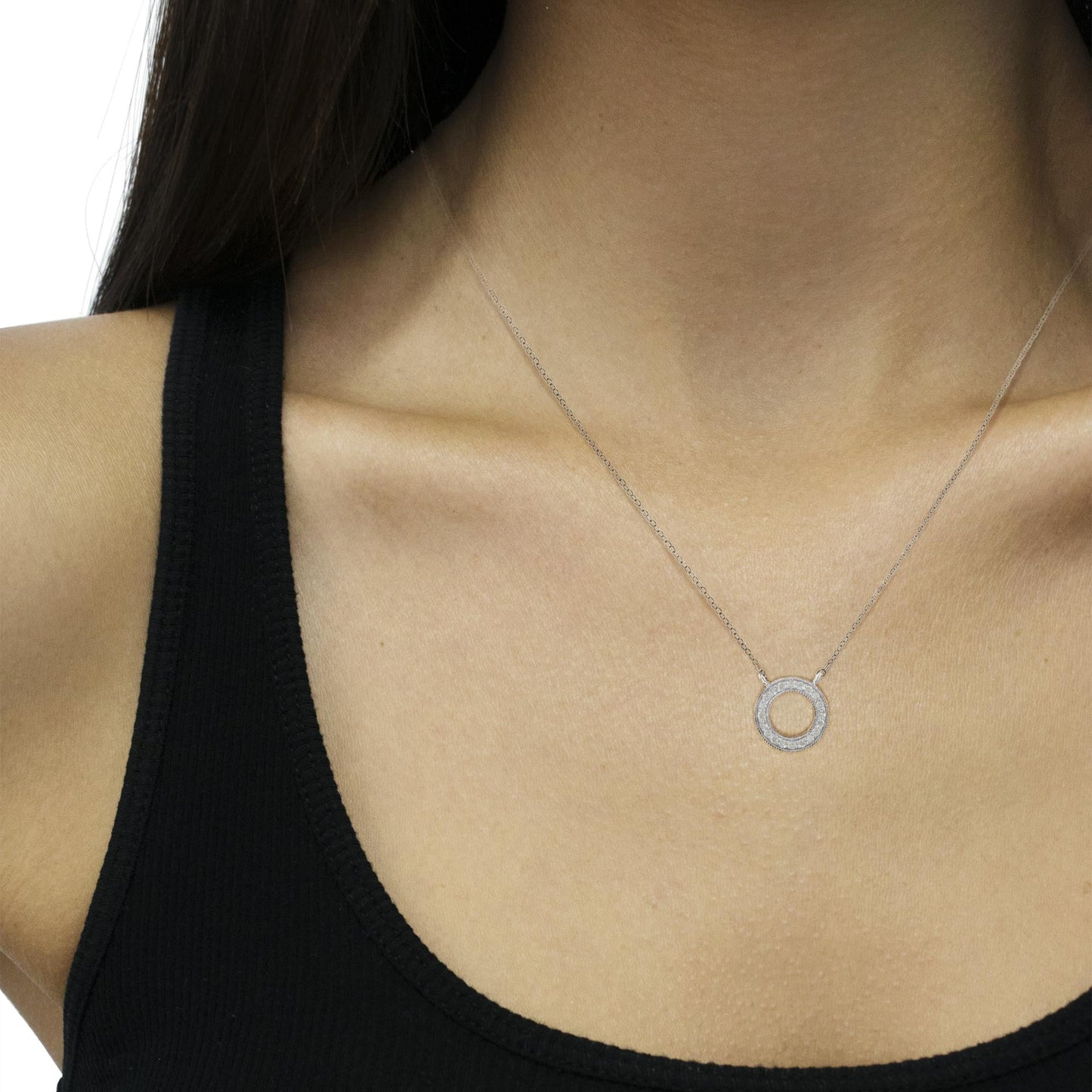 .925 Sterling Silver 1/6 Cttw Diamond Hoop Circle Pendant Necklace (I-J Color, I3 Clarity)